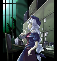 Rule 34 | 1girl, blue eyes, braid, cigarette, cross, dress, female focus, from side, hat, kazuhane, long hair, mouth hold, multicolored clothes, multicolored dress, nurse cap, profile, puffy short sleeves, puffy sleeves, short sleeves, silver hair, single braid, smile, smoking, solo, touhou, very long hair, yagokoro eirin