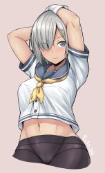 Rule 34 | 10s, 1girl, arms up, artist name, black pantyhose, blue eyes, blush, breasts, eyes visible through hair, gloves, hair ornament, hair over one eye, hairclip, hamakaze (kancolle), kantai collection, large breasts, looking at viewer, navel, neckerchief, no pants, panties, panties under pantyhose, pantyhose, pink background, satou samu, school uniform, serafuku, shiny skin, short hair, short sleeves, silver hair, simple background, smile, solo, underwear, white gloves, yellow neckerchief