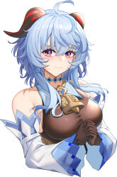 Rule 34 | 1girl, absurdres, ahoge, bare shoulders, bell, blue hair, blush, breasts, detached sleeves, ganyu (genshin impact), genshin impact, highres, horns, leotard, long hair, looking at viewer, medium breasts, neck bell, own hands together, purple eyes, sidelocks, simple background, smile, solo, taut leotard, upper body, white background, white sleeves, wuren