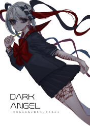 Rule 34 | 1girl, black bow, black hair, black serafuku, black shirt, black skirt, bleeding, blood, blue eyes, blue hair, bow, boxcutter, chouzetsusaikawa tenshi-chan, chouzetsusaikawa tenshi-chan (dark angel), closed mouth, cuts, cutting, dark persona, dutch angle, frown, hair bow, hand up, highres, holding boxcutter, injury, lastdark, long hair, long sleeves, looking to the side, multicolored hair, needy girl overdose, pink hair, pleated skirt, quad tails, red bow, red hair, red sailor collar, sailor collar, school uniform, self-harm, self-harm scar, serafuku, shirt, simple background, skirt, solo, standing, twintails, very long hair, white background, white hair, wrist cutting