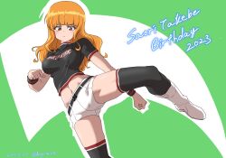 Rule 34 | 1girl, absurdres, belt, black belt, black shirt, black thighhighs, blunt bangs, boots, brown eyes, brown hair, cheerleader, closed mouth, clothes writing, cropped shirt, dated, drops mint, girls und panzer, highres, kicking, kuromorimine cheerleader uniform, long hair, looking at viewer, micro shorts, midriff, navel, print shirt, shirt, short shorts, short sleeves, shorts, simple background, solo, t-shirt, takebe saori, thighhighs, twitter username, white footwear, white shorts, wristband