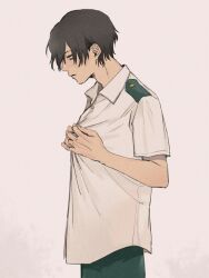 Rule 34 | 1boy, bags under eyes, black eyes, black hair, boku no hero academia, buttoning, buttons, closed mouth, collared shirt, eraser head (boku no hero academia), from side, green pants, grey background, male focus, pants, rnuyvm, school uniform, shirt, short hair, short sleeves, simple background, u.a. school uniform