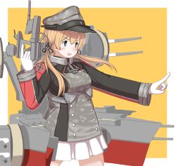 Rule 34 | 1girl, adapted turret, aji (ajinohirakisan), anchor hair ornament, anchor ornament, aqua eyes, armor, blonde hair, breastplate, camouflage, cannon, cowboy shot, cross, gloves, hair ornament, hat, iron cross, kantai collection, long hair, low twintails, machinery, microskirt, military, military hat, military uniform, peaked cap, pleated skirt, pointing, prinz eugen (kancolle), prinz eugen kai (kancolle), skirt, solo, standing, turret, twintails, uniform, white gloves, white skirt
