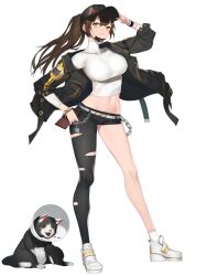 Rule 34 | 1girl, alternate costume, animal ears, animal print, armband, artist request, belt, black armband, black cat, black coat, black collar, black eyes, black fur, black hair, black hat, black mask, black sleeves, breasts, brown hair, cat, cat ears, cat nose, cat ornament, cat print, cat tail, chain, closed mouth, coat, collar, collarbone, colored sclera, contrapposto, cropped shirt, double vertical stripe, esmeralda (final gear), fang, final gear, full body, half updo, hand on own hip, hat, hat tip, high ponytail, highres, hip bones, holding, holding wallet, horizontal-striped socks, large breasts, lone nape hair, long sleeves, mask, midriff, mismatched pants, mouth mask, navel, official art, open mouth, pants, paw print, pet cone, pocket, short shorts, shorts, simple background, single bare leg, sitting, sleeves past elbows, smile, socks, solo, standing, straight hair, striped coat, tachi-e, tail, tears, third-party source, tight clothes, tight pants, tongue, torn clothes, torn pants, transparent background, triangle, turtleneck, two-tone fur, urban style, vertical-striped coat, vertical-striped sleeves, wallet, wedge heels, white belt, white collar, white footwear, white fur, white sleeves, white socks, wrist straps, yellow eyes, yellow sclera