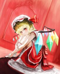 Rule 34 | 1girl, absurdres, adapted costume, blonde hair, crystal, dutch angle, flandre scarlet, frilled skirt, frilled socks, frills, full body, hat, highres, hugging own legs, indoors, leaning forward, looking at viewer, medium hair, mob cap, multicolored wings, nepperoni, no vest, red background, red eyes, red skirt, shirt, skirt, socks, solo, touhou, white hat, white shirt, white socks, wings