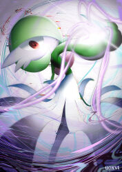 Rule 34 | 1girl, absurdres, arched back, blood halo, bob cut, colored skin, creatures (company), female focus, flat chest, from side, game freak, gardevoir, gen 3 pokemon, glitch, glowing, green hair, green skin, hair over one eye, highres, leaning back, looking at viewer, multicolored skin, nintendo, one eye covered, open mouth, pokemon, pokemon (creature), pokemon move, red eyes, shadow ball (pokemon), short hair, solo, standing, two-tone skin, uoxvt, white background, white skin, wide-eyed