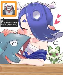 Rule 34 | 1boy, 1girl, ^ ^, amakusa setoka, animal, big man (splatoon), blue hair, blush, cat, chest sarashi, closed eyes, colored skin, company connection, creatures (company), crossover, dot nose, earrings, eyeliner, game freak, gen 4 pokemon, gen 9 pokemon, gible, gradient skin, hachimaki, hair over one eye, headband, highres, hokkamuri, jewelry, makeup, manta ray, multicolored skin, multiple earrings, nejiri hachimaki, nintendo, notice lines, octoling, open mouth, petting, pokemon, pokemon (creature), red eyeliner, red skin, sarashi, see-through, shark, sharp teeth, shiver (splatoon), smile, speech bubble, splatoon (series), splatoon 3, sprigatito, suction cups, teeth, tentacle hair, translation request, two-tone skin, white background
