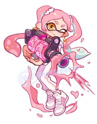 Rule 34 | .96 gal (splatoon), 1girl, closed mouth, commentary, commission, earrings, english commentary, full body, gun, holding, holding gun, holding weapon, inkling, inkling girl, inkling player character, jewelry, long hair, nintendo, one eye closed, paint, pants, pink hair, pointy ears, shoes, simple background, smile, solo, splatoon (series), splatoon 3, standing, star (symbol), star earrings, tentacle hair, thick eyebrows, tokkibada, twintails, watermark, weapon, white background, white footwear, white pants, yellow eyes