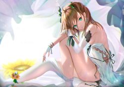 Rule 34 | :o, ahoge, asymmetrical gloves, bare shoulders, black panties, breasts, breasts out, brown hair, clothes pull, dress, earrings, elbow gloves, feet out of frame, fingerless gloves, flower, from side, gloves, green eyes, green ribbon, hair ribbon, highres, hololive, jewelry, kayjae, knee up, lens flare, long hair, looking at viewer, looking to the side, natsuiro matsuri, one side up, panties, pantyhose, pantyhose pull, parted lips, reflection, ribbon, ring, side-tie panties, sideboob, single elbow glove, sitting, small breasts, solo, sunflower, thighs, underwear, untied panties, virtual youtuber, white dress, white pantyhose