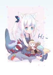 Rule 34 | 1girl, :o, absurdres, animal ear fluff, animal ears, bag, blue bow, blue dress, blue eyes, blue footwear, blue hair, blush, bow, cat ears, character doll, cube hair ornament, dress, fins, fish tail, gawr gura, gawr gura (casual), hair bow, hair ornament, highres, hololive, hololive english, multicolored hair, pantyhose, parted lips, peas (peas0125), shark tail, shirt, shoe soles, shoulder bag, side ponytail, sitting, sleeveless, sleeveless dress, solo, streaked hair, stuffed animal, stuffed shark, stuffed toy, tail, virtual youtuber, watson amelia, white hair, white pantyhose, white shirt
