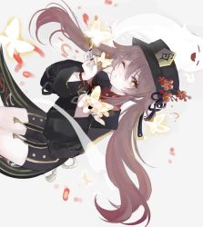 Rule 34 | 1girl, asa (1asa-0-asa1), black coat, black hat, black shorts, blush, breasts, brown hair, bug, butterfly, coat, coattails, flower, genshin impact, hat, hat flower, highres, hu tao (genshin impact), insect, long hair, long sleeves, looking at viewer, one eye closed, plum blossoms, red eyes, shorts, small breasts, symbol-shaped pupils, thighs, twintails, very long hair