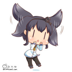 Rule 34 | 1girl, black hair, black pantyhose, blue sailor collar, blush, chibi, commentary request, dated, dress, floating, grey footwear, kantai collection, long sleeves, neckerchief, one-hour drawing challenge, open mouth, pantyhose, sailor collar, sailor dress, shiromaru (maniado), shoes, short hair, simple background, solo, tokitsukaze (kancolle), twitter username, white background, white dress, yellow neckerchief, | |