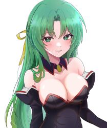 Rule 34 | 1girl, angel mort, bare shoulders, black dress, blush, breasts, bright pupils, cleavage, collarbone, commentary request, detached collar, detached sleeves, diamond-shaped pupils, diamond (shape), dress, eyelashes, green eyes, green hair, grin, hair between eyes, hair over shoulder, hair ribbon, half updo, highres, higurashi no naku koro ni, juliet sleeves, large breasts, lips, long hair, long sleeves, looking at viewer, parted bangs, puffy sleeves, ribbon, simple background, smile, solo, sonozaki shion, straight hair, strapless, strapless dress, symbol-shaped pupils, tsurime, upper body, very long hair, white background, yellow ribbon, yuno ff