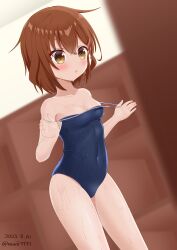 Rule 34 | 1girl, absurdres, blue one-piece swimsuit, breasts, brown eyes, brown hair, competition school swimsuit, covered navel, dutch angle, highres, ikazuchi (kancolle), kantai collection, no. vii, one-piece swimsuit, school swimsuit, short hair, small breasts, solo, standing, swimsuit