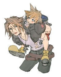 Rule 34 | 2boys, belt, black jacket, black pants, blue eyes, brown hair, carrying, cropped jacket, final fantasy, final fantasy viii, fingerless gloves, gloves, happy, hood, hood down, jacket, jewelry, kingdom hearts, kingdom hearts i, large shoes, leather belt, male focus, multiple belts, multiple boys, necklace, open mouth, pants, piggyback, red pants, scar, scar on face, shirt, shoes, short hair, shorts, smile, soo (sr00a2ht), sora (kingdom hearts), spiked hair, squall leonhart, v-neck, white background, white gloves, white shirt, yellow footwear