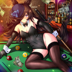 Rule 34 | 1girl, absurdres, alternate costume, ball, banknote, bar (place), billiard ball, black hair, black thighhighs, blush, breasts, cleavage, collarbone, detached sleeves, hair over one eye, hat, high heels, highres, leotard, looking at viewer, money, nontraditional playboy bunny, playboy bunny, pool table, purple eyes, rice shower (umamusume), small breasts, solo, table, thighhighs, umamusume, user trkw4757