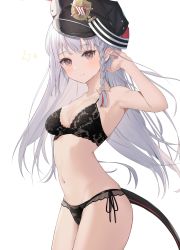 Rule 34 | 1girl, absurdres, arm up, armpits, bare arms, bare shoulders, black bra, black hat, black panties, blue archive, blush, bow, bra, braid, breasts, cleavage, closed mouth, collarbone, commentary, cowboy shot, groin, haruna (blue archive), hat, highres, long hair, looking at viewer, medium breasts, navel, panties, peaked cap, red eyes, side-tie panties, silver hair, skindentation, solo, standing, stomach, tail, thighs, underwear, underwear only, very long hair, white background, xochi (nueeen6978)