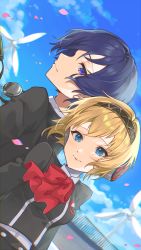 Rule 34 | 1boy, 1girl, aegis (persona), android, ascot, back-to-back, black shirt, blonde hair, blue eyes, blue hair, blue sky, bow, bowtie, closed mouth, commentary, day, floating hair, gekkoukan high school uniform, hair between eyes, hairband, headphones, height difference, highres, kamo860, looking at another, looking at viewer, outdoors, persona, persona 3, petals, red ascot, red bow, robot, robot ears, school uniform, shirt, short hair, sky, smile, uniform, upper body, wind turbine, windmill, yuuki makoto (persona 3)