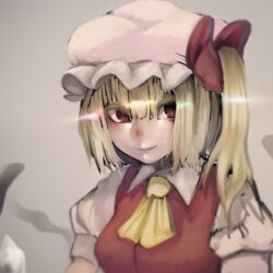 Rule 34 | 1girl, ascot, blonde hair, blurry, blush, bow, breasts, commentary request, crystal, depth of field, eyebrows hidden by hair, flandre scarlet, grey background, hair between eyes, hair bow, hair over one eye, hat, looking at viewer, medium breasts, mob cap, nio (meple nio), nose blush, nostrils, one side up, parted lips, puffy short sleeves, puffy sleeves, red bow, red eyes, red vest, short hair with long locks, short sleeves, simple background, smile, solo, touhou, upper body, vest, wing collar, wings, yellow ascot