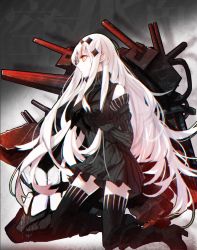 Rule 34 | 10s, 1girl, abyssal ship, aircraft carrier water oni, black dress, black thighhighs, boots, breasts, colored skin, detached sleeves, dress, hair ornament, kantai collection, knee boots, kneeling, long hair, mconch, orange eyes, ribbed dress, short dress, solo, striped clothes, striped thighhighs, thighhighs, very long hair, white hair, white skin, zettai ryouiki