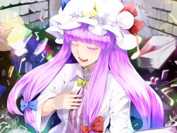 Rule 34 | 1girl, akishuon, book, bow, colored eyelashes, crescent, eyelashes, closed eyes, female focus, hair bow, hat, inugami akito, long hair, music, musical note, open mouth, patchouli knowledge, purple eyes, purple hair, sidelocks, singing, solo, touhou