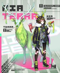 Rule 34 | 1girl, absurdres, animal ears, antlers, axe, black leggings, deer, deer ears, english text, epipen, fire axe, full body, gloves, goggles, goggles on head, green eyes, green gloves, gun, handgun, high tops, highres, holding, holding axe, horns, jacket, knife, korean commentary, kukri, leggings, long hair, looking at viewer, original, pistol, radio, shoes, short shorts, shorts, sneakers, solo, torn clothes, torn legwear, walkie-talkie, weapon, whskswnd