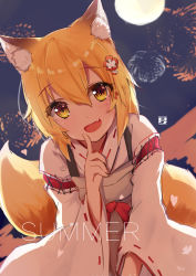 Rule 34 | 1girl, :d, absurdres, aerial fireworks, animal ear fluff, animal ears, apron, blonde hair, blurry, blurry background, blush, brown apron, commentary request, depth of field, english text, fang, fireworks, flower, fox ears, fox girl, fox tail, full body, hair between eyes, hair flower, hair ornament, highres, japanese clothes, kimono, leaning forward, long hair, long sleeves, looking at viewer, night, night sky, open mouth, red flower, ribbon-trimmed sleeves, ribbon trim, senko (sewayaki kitsune no senko-san), sewayaki kitsune no senko-san, signature, sky, smile, solo, tail, white kimono, wide sleeves, yellow eyes, yue (qtxyjiang)