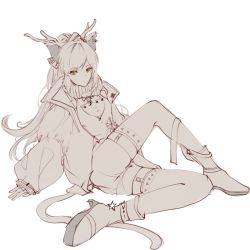 Rule 34 | 1girl, animal ears, antlers, arknights, cat ears, cat girl, cat tail, fake antlers, full body, greyscale, horns, jacket, knee up, long hair, long sleeves, looking at viewer, monochrome, official alternate costume, open clothes, open jacket, ponytail, reindeer antlers, scarf, schwarz (arknights), schwarz (presents) (arknights), shen jiu, shirt, shorts, simple background, sitting, sketch, solo, spot color, star (symbol), tail, very long hair, white background, yellow eyes