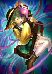 Rule 34 | 1girl, absurdres, ankle boots, black footwear, black hat, bloomers, blush, boots, brown footwear, collared shirt, commentary request, eyeball, frilled shirt collar, frilled skirt, frilled sleeves, frills, full body, green eyes, green hair, green skirt, hair between eyes, hakonnbo, hat, hat ribbon, highres, koishi day, komeiji koishi, long bangs, long sleeves, looking at viewer, medium hair, one eye closed, open mouth, ribbon, shirt, short hair, skirt, smile, solo, thighhighs, third eye, touhou, underwear, white bloomers, white thighhighs, wide sleeves, yellow ribbon, yellow shirt