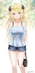 Rule 34 | 1girl, ahoge, animal ears, arm behind back, arm grab, bag, black shorts, blonde hair, blouse, blue eyes, blue shirt, blush, breasts, cleavage, closed mouth, collarbone, commentary request, curled horns, hair between eyes, hair ornament, hairclip, heart pendant, highres, hololive, horns, long hair, medium breasts, off-shoulder shirt, off shoulder, sheep ears, sheep girl, sheep horns, shirt, short shorts, short sleeves, shorts, shoulder bag, smile, solo, teratsuki, tsunomaki watame, twitter username, very long hair, virtual youtuber