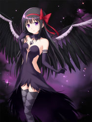 Rule 34 | 10s, 1girl, akemi homura, akuma homura, argyle, argyle clothes, argyle legwear, bare shoulders, black dress, black gloves, black hair, black wings, bow, breasts, clothing cutout, dress, elbow gloves, gloves, hair bow, highres, long hair, looking at viewer, mahou shoujo madoka magica, mahou shoujo madoka magica: hangyaku no monogatari, purple eyes, revealing clothes, side cutout, small breasts, solo, space, spoilers, strapless, strapless dress, thighhighs, tucana, very long hair, wings, zettai ryouiki