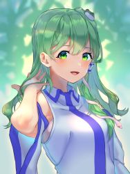 Rule 34 | 1girl, :d, albino, arm up, armpits, bangs pinned back, blush, bra visible through clothes, branch, breasts, commentary request, detached sleeves, eyelashes, frog hair ornament, green eyes, green hair, hair ornament, hair tubes, hand in own hair, happy, highres, kochiya sanae, large breasts, leaf, long hair, long sleeves, looking at viewer, nontraditional miko, open mouth, red eyes, sidelocks, smile, snake hair ornament, solo, standing, touhou, tree, twig, upper body, wankosoba, wide sleeves, wing collar