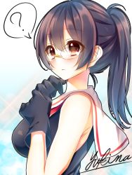 Rule 34 | 10s, 1girl, ?, alternate hairstyle, artist name, bad id, bad pixiv id, bare shoulders, black gloves, black hair, blush, choukai (kancolle), glasses, gloves, hand on own face, highres, kantai collection, neckerchief, ponytail, red eyes, saijou yukina, sailor collar, signature, solo, spoken question mark
