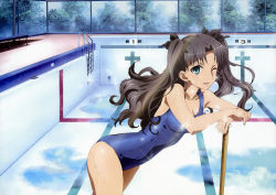 Rule 34 | 1girl, absurdres, black hair, blue eyes, bow, empty pool, fate/stay night, fate (series), female focus, fence, hair bow, highres, iizuka haruko, leaning forward, long hair, looking at viewer, non-web source, official art, one-piece swimsuit, one eye closed, open mouth, pool, pool ladder, reflection, ribbon, school swimsuit, solo, sparkle, swimsuit, tohsaka rin, twintails, two side up, water, wet, wink