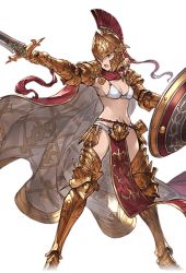 Rule 34 | 10s, 1girl, alpha transparency, armor, bikini, bikini top only, boots, djeeta (granblue fantasy), full body, gauntlets, granblue fantasy, helmet, holding, holding sword, holding weapon, legs apart, minaba hideo, official art, open mouth, pelvic curtain, pointing, shield, solo, spartan (granblue fantasy), swimsuit, sword, thigh boots, thighhighs, transparent background, weapon, wide stance