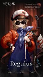Rule 34 | 1girl, backpack, bag, bandana, blonde hair, character name, english text, hat, highres, holding, holding bag, looking at viewer, microphone, official art, profile, regulus (reverse:1999), reverse:1999, solo, sunglasses, vintage microphone, watch, wristwatch