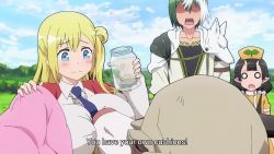 Rule 34 | 1boy, 2girls, animated, anime screenshot, bestiality, blonde hair, blue eyes, blue necktie, blush, braid, breast press, breasts, closed eyes, cow, cushion, enome, face to breasts, french braid, frilled shirt, frills, futoku no guild, green hair, hat, highres, horns, jacket, kikuru madan, large breasts, long hair, mature female, multicolored hair, multiple girls, necktie, open mouth, orange jacket, pointy ears, resumisu care, shirt, sidelocks, sound, subtitled, tagme, video, white hair, white shirt