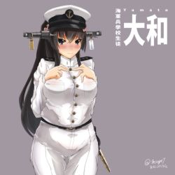 Rule 34 | 1girl, black eyes, black hair, breasts, character name, commentary request, cosplay, cowboy shot, female admiral (kancolle), female admiral (kancolle) (cosplay), grey background, hat, kantai collection, large breasts, long hair, looking at viewer, military, military uniform, msugi, naval uniform, peaked cap, simple background, solo, thigh gap, translation request, uniform, white hat, yamato (kancolle)