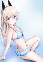 Rule 34 | 1girl, animal ears, armpits, bare arms, bare legs, bare shoulders, bikini, bikini skirt, blonde hair, blue eyes, blue skirt, breasts, cat ears, colored eyelashes, eila ilmatar juutilainen, eyebrows, gradient background, leaning back, long hair, looking at viewer, miniskirt, nannacy7, pleated skirt, pointy ears, purple eyes, ribbon-trimmed bikini, simple background, sitting, skirt, small breasts, smile, solo, spread legs, strike witches, swimsuit, tareme, world witches series