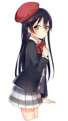 Rule 34 | 10s, 1girl, black hair, blush, bow, cowboy shot, from side, gmanee, highres, long hair, looking at viewer, love live!, love live! school idol festival, love live! school idol project, school uniform, skirt, solo, sonoda umi, sweatdrop, white background, yellow eyes