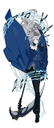 Rule 34 | 1boy, argalia (project moon), arm up, ascot, beamed eighth notes, black footwear, black pants, blue cape, blue jacket, cape, floating hair, gold trim, highres, holding, holding scythe, jacket, library of ruina, long hair, looking at viewer, music, musical note, nishikujic, pants, parted lips, project moon, scythe, shoes, sidelocks, smile, solo, standing, very long hair, white ascot, white hair