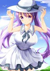 Rule 34 | 1girl, arms up, bad id, bad pixiv id, bare arms, bare shoulders, black bow, black ribbon, blush, bow, breasts, closed mouth, collarbone, collared dress, day, dress, gochuumon wa usagi desu ka?, hair between eyes, hat, hat bow, highres, large breasts, long hair, neck ribbon, outdoors, pleated dress, purple eyes, purple hair, ribbon, sleeveless, sleeveless dress, smile, solo, tedeza rize, twintails, very long hair, white dress, white hat, xenon (for achieve)
