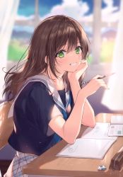 Rule 34 | 1girl, absurdres, blue sky, brown hair, cloud, cloudy sky, curtains, day, desk, fingernails, green eyes, hand on own chin, highres, holding, looking at viewer, necomi, original, outdoors, parted lips, pencil, sailor collar, scan, school desk, school uniform, serafuku, short sleeves, simple background, sitting, sky, smile, solo, window