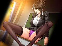 Rule 34 | 1girl, black hair, black skirt, blue eyes, blush, breasts, cameltoe, chalkboard, classroom, clothes lift, female pubic hair, formal, game cg, glasses, groin, hyoui kanojo: tsukikano, indoors, kashiwazaki haruka, large breasts, legs, mole, mole under mouth, nana g, open mouth, original, panties, pantyshot, pubic hair, pubic hair peek, sitting, skirt, skirt lift, solo, spread legs, suit, thighhighs, thighs, underwear