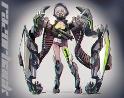 Rule 34 | 1girl, absurdres, afukuro, armored boots, assault rifle, bob cut, boots, breasts, chromatic aberration, cleavage, extra arms, female focus, full body, green eyes, green thighhighs, gun, highres, holding, holding gun, holding weapon, hood, looking at viewer, mask, mouth mask, original, rifle, science fiction, single thighhigh, solo, standing, thighhighs, weapon, white hair