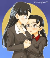 Rule 34 | 2girls, black hair, blush, braid, breasts, brown eyes, chi-hatan military uniform, cleavage, closed mouth, collarbone, fukuda haru, girls und panzer, glasses, highres, holding hands, large breasts, long hair, looking at another, military, military uniform, multiple girls, nishi kinuyo, open mouth, small breasts, smile, twin braids, twintails, uniform, yuri