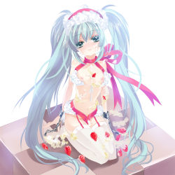 Rule 34 | 1girl, bad id, bad pixiv id, blue eyes, blue hair, breasts, cuffs, flat chest, food, fruit, full body, hatsune miku, icing, kneeling, long hair, matching hair/eyes, naked ribbon, nipples, ribbon, shackles, sitting, solo, strawberry, thighhighs, twintails, very long hair, vocaloid, yu (bkks)