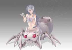 Rule 34 | 1girl, absurdres, animal, animal on hand, arachne, armpit crease, arthropod girl, arthropod limbs, bare shoulders, braid, breasts, bug, chinese commentary, cleavage, clitoris, closed mouth, commentary request, dated, dongxue, dual persona, extra eyes, finger to cheek, full body, gradient background, grey background, groin, hair between eyes, highres, insect girl, kumo desu ga nani ka?, kumoko (kumo desu ga nani ka?), long hair, medium breasts, monster girl, navel, red eyes, shadow, sidelocks, silk, simple background, single braid, solo focus, spider, spider girl, spider web, spoilers, standing, stomach, strapless, taur, tube top, very long hair, white hair, white tube top