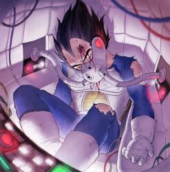 Rule 34 | 1boy, armor, black hair, blood, blood on clothes, blood on face, boots, cable, chimachimadb, closed eyes, dragon ball, dragonball z, gloves, highres, injury, light, saiyan armor, science fiction, shadow, solo, vegeta, warrior, white footwear, white gloves