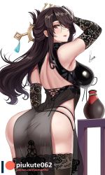 Rule 34 | 1girl, artist name, ass, bare shoulders, beidou (genshin impact), black dress, black gloves, black hair, black thighhighs, blush, breasts, dress, elbow gloves, eyepatch, from behind, genshin impact, gloves, hair ornament, highres, lips, lipstick, long hair, looking at viewer, makeup, medium breasts, mole, mole on armpit, parted lips, pelvic curtain, piukute062, red eyes, red lips, see-through, sidelocks, signature, simple background, sleeveless, solo, thighhighs, thighs, thong, underwear, white background